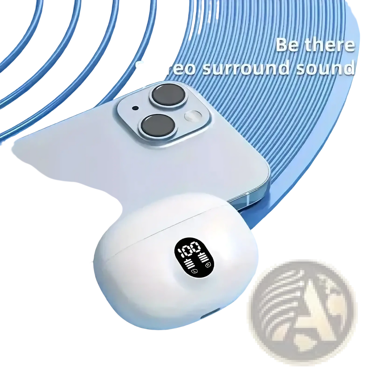 White wireless Bluetooth earbuds in a sleek oval charging case with LED display showing battery level for sports use