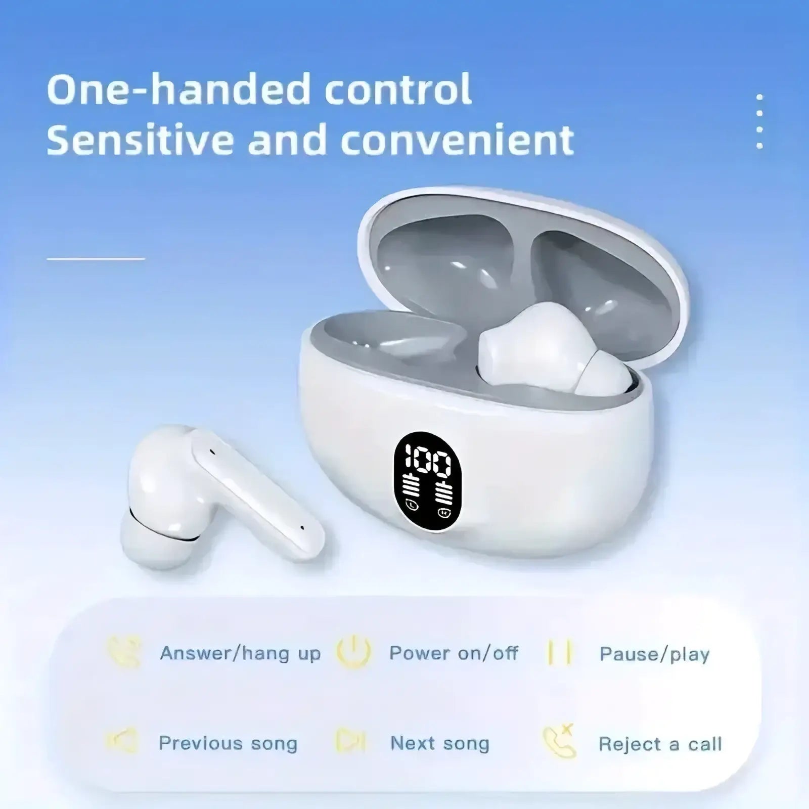 White wireless bluetooth sport earbuds in a sleek oval charging case with led display showing 100 percent battery