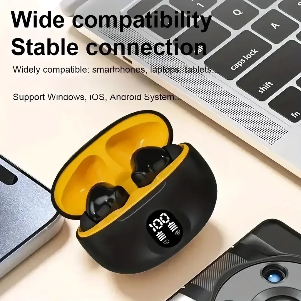 Black and yellow wireless bluetooth earbuds with led display sport headphones in a sleek charging case