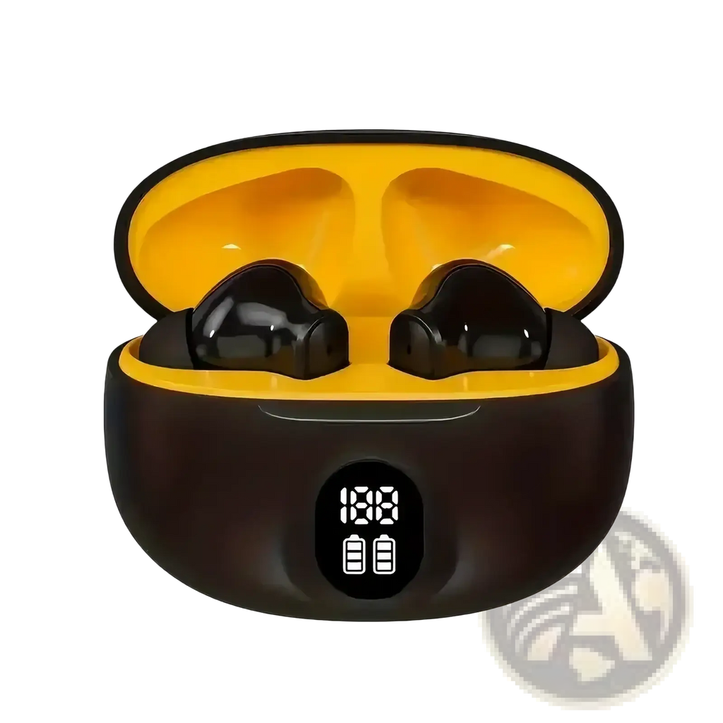 Black and yellow wireless bluetooth earbuds in a sleek charging case with led display for sport use