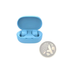 Light blue wireless bluetooth earbuds with touch control and matching charging case designed for sport use
