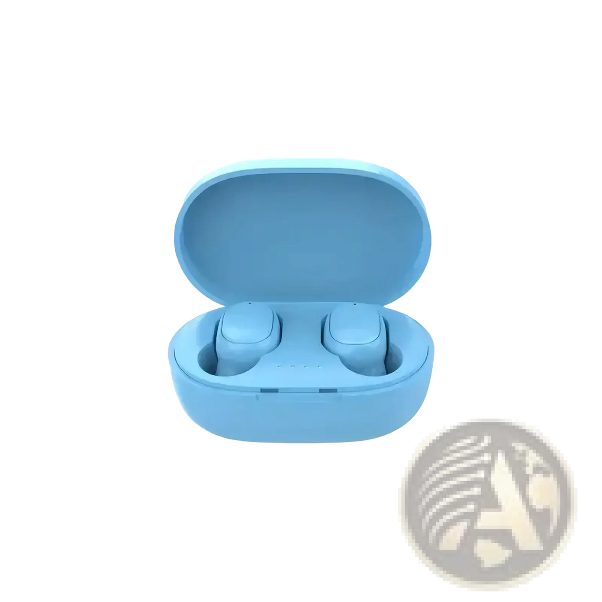 Light blue wireless bluetooth earbuds with touch control and matching charging case designed for sport use