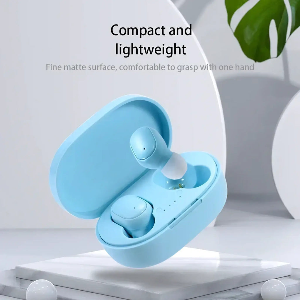 Light blue matte-finish wireless bluetooth earbuds with touch control in a matching charging case for sport use