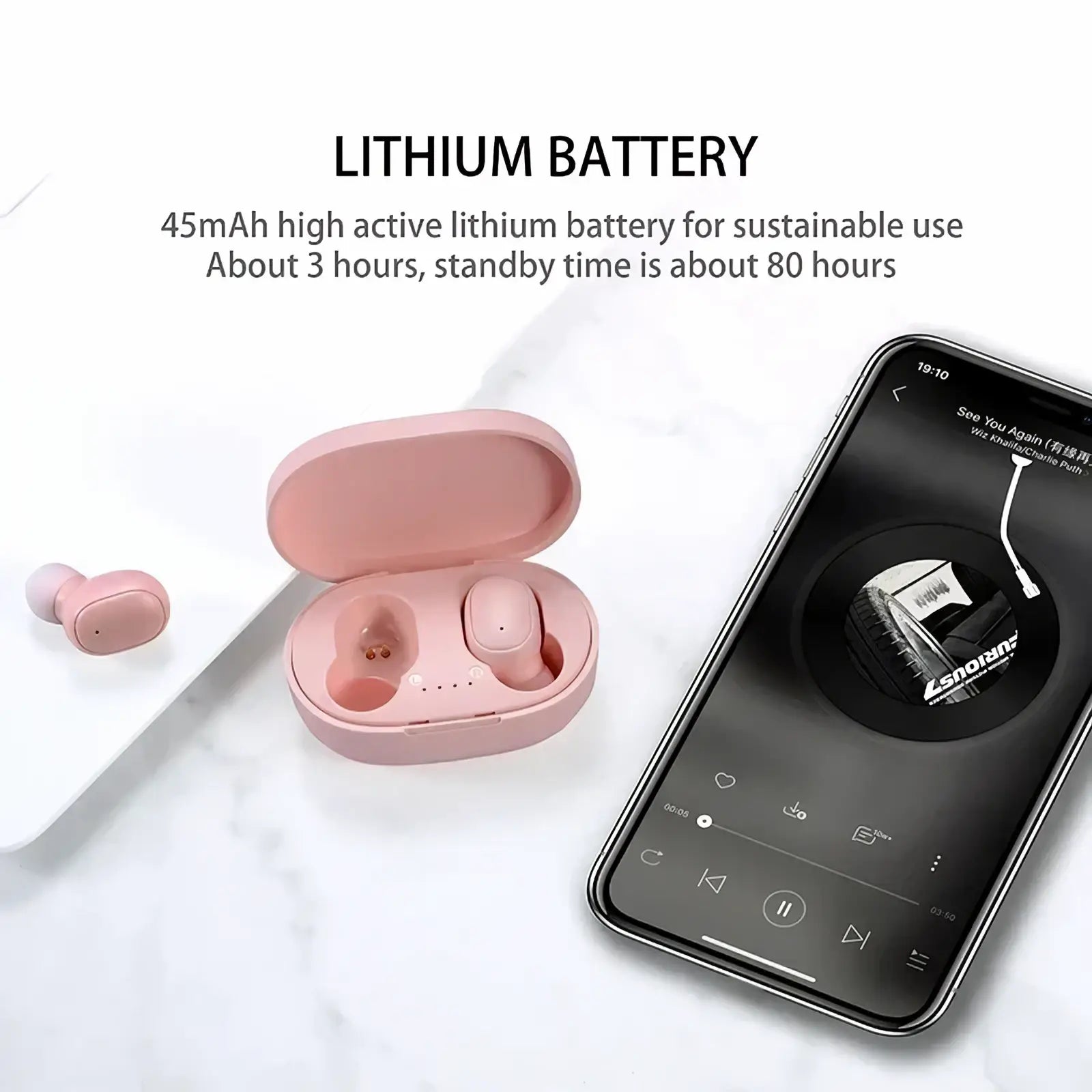 Pink matte-finish wireless bluetooth earbuds with touch control sport headset in matching charging case beside smartphone
