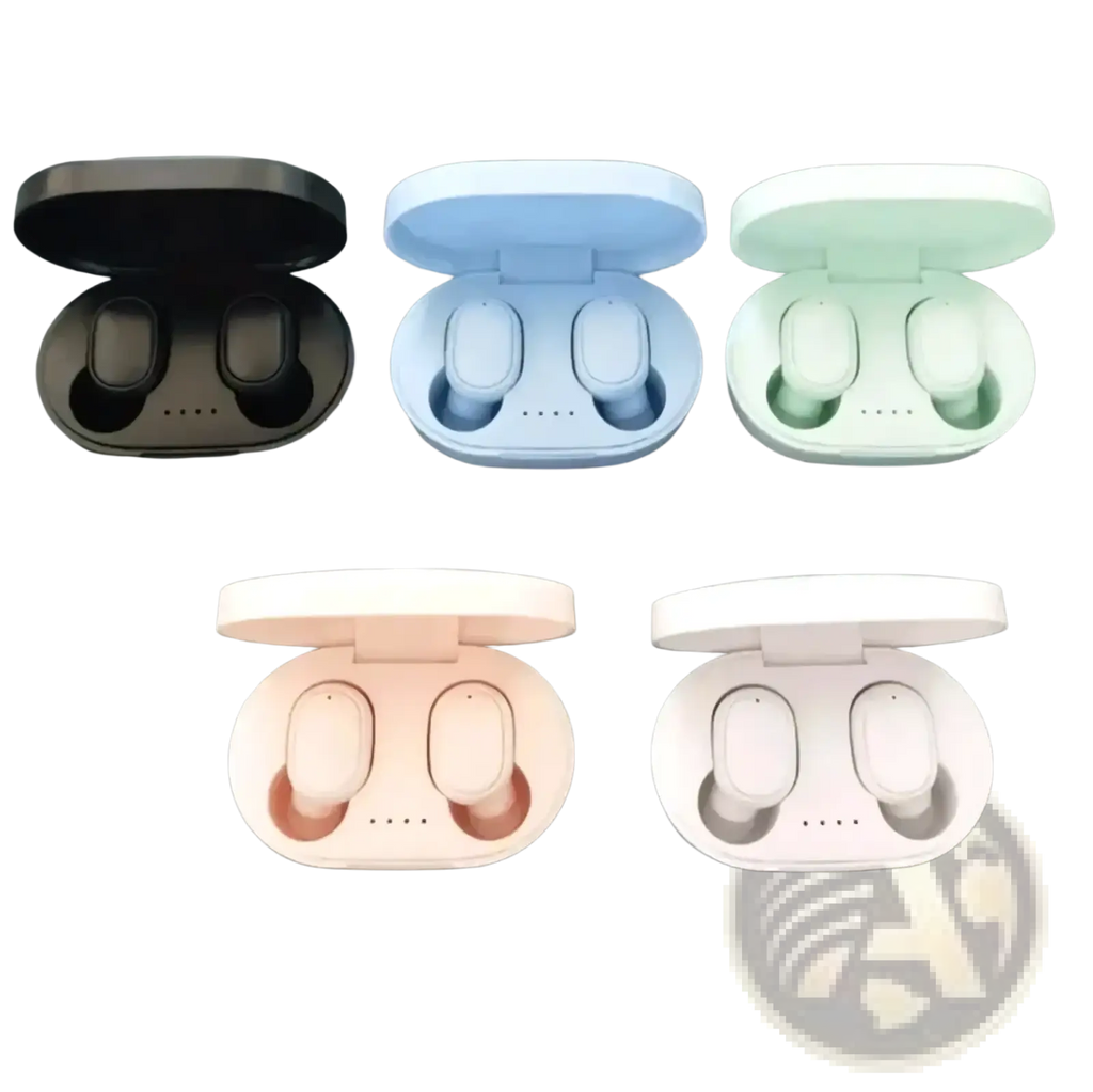 Set of four xiaomi mi true wireless earbuds in black light blue mint green and white cases with touch control sport headset features