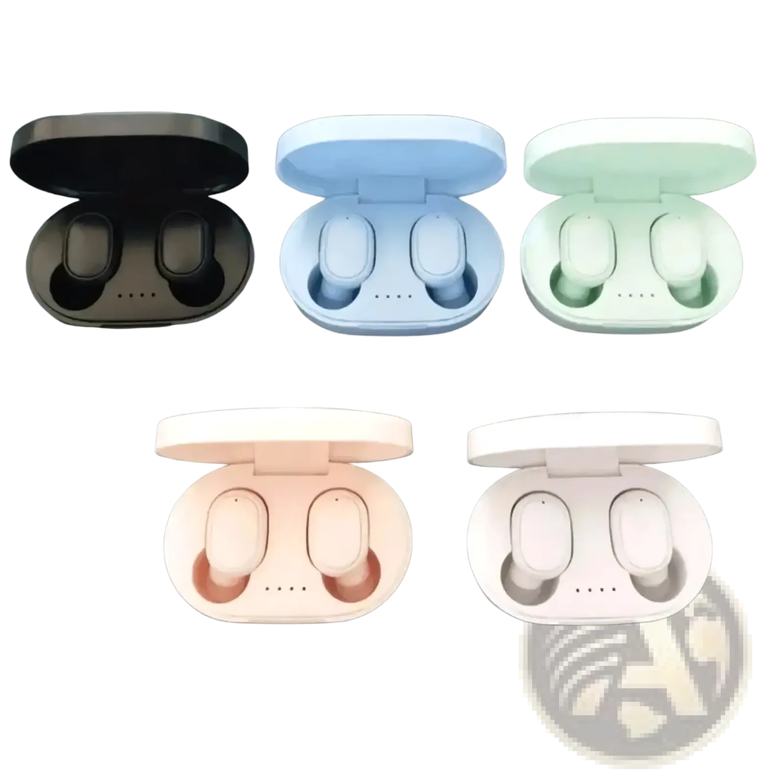 Set of four xiaomi mi true wireless earbuds in black light blue mint green and white cases with touch control sport headset features