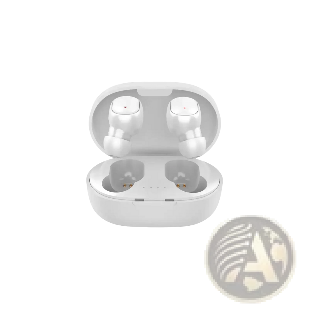 White wireless Bluetooth earbuds with touch control nestled in a sleek minimalist charging case for sport use
