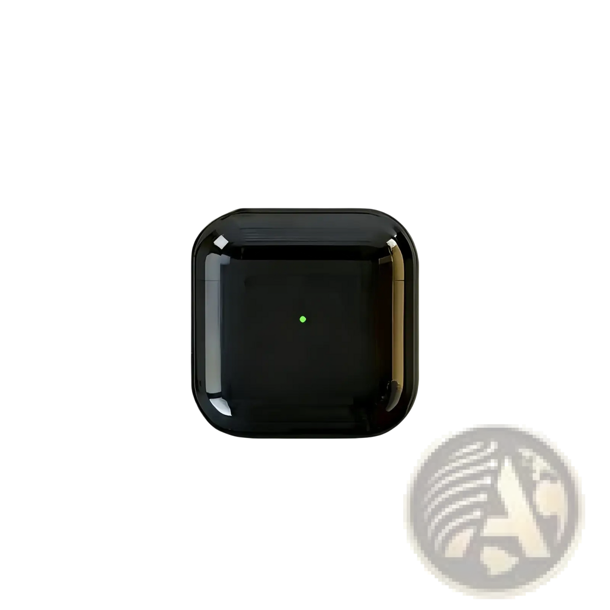 Black glossy wireless bluetooth earphones charging case with active noise cancellation and central green indicator light