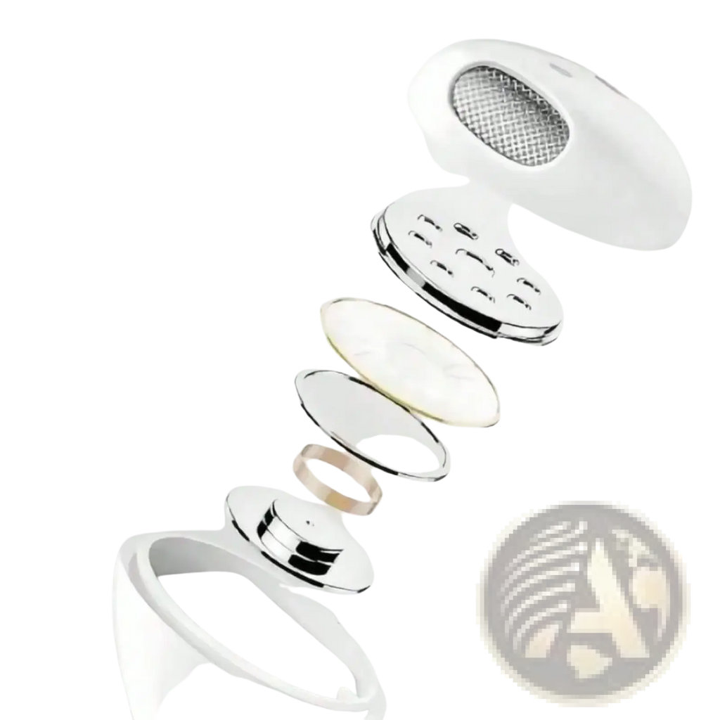 White composite diaphragm moving coil speaker component with metallic and translucent layers in wireless bluetooth earphones with active noise cancellation
