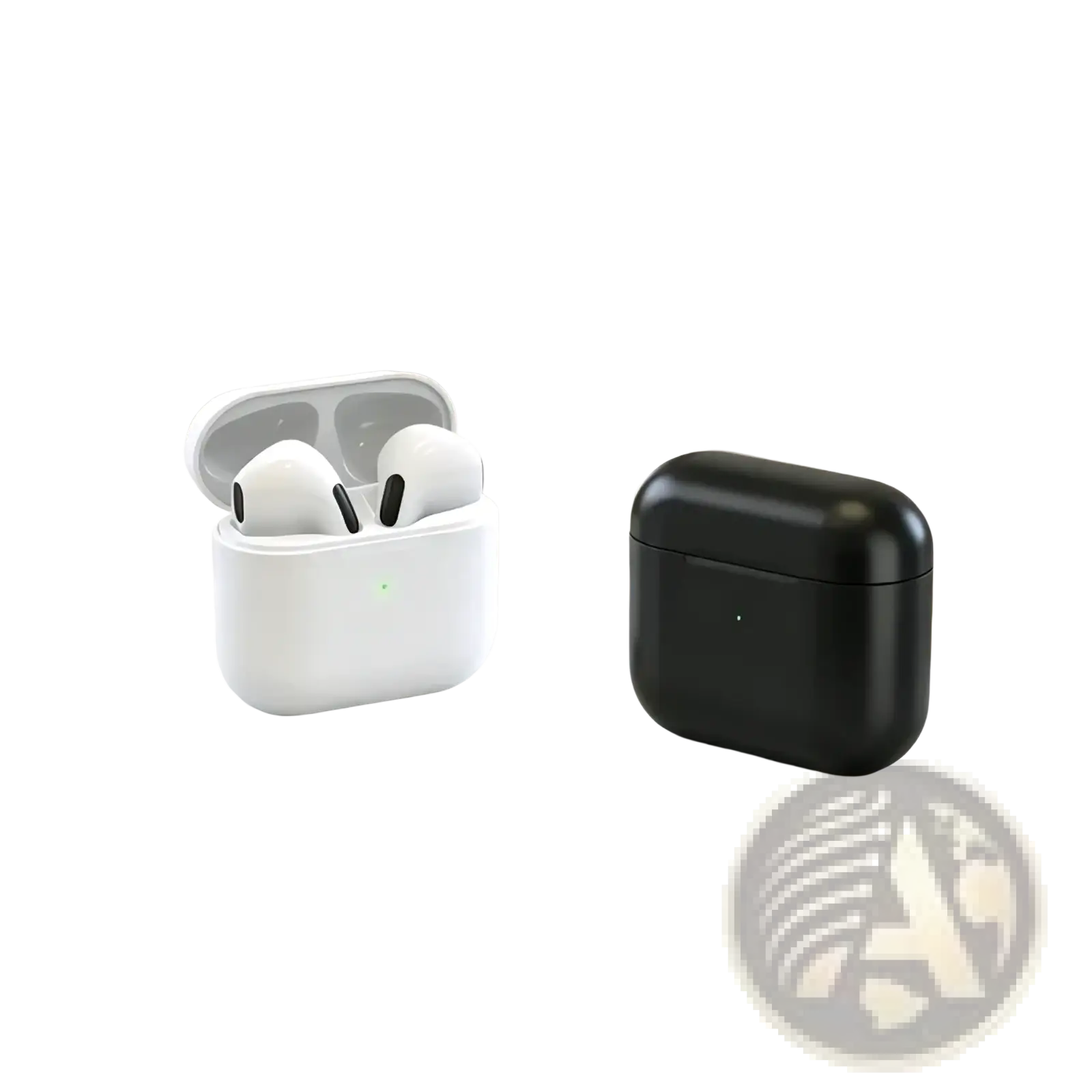 Wireless Bluetooth earphones with active noise cancellation showing white and black charging cases, one open with earbuds and green light
