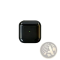 Black glossy wireless bluetooth earphones charging case with touch control and central green indicator light