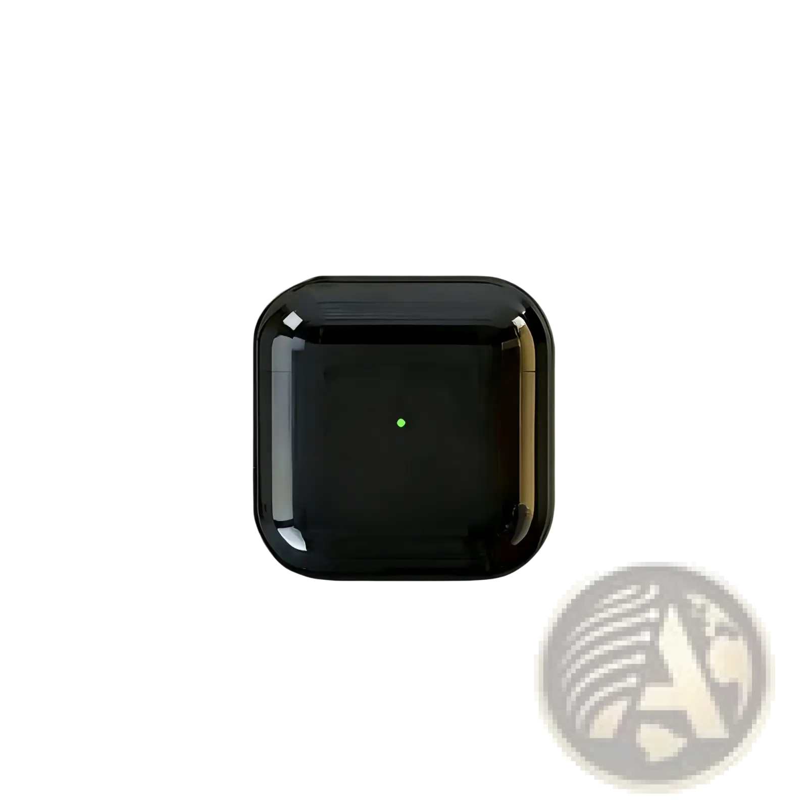 Black glossy wireless bluetooth earphones charging case with touch control and central green indicator light