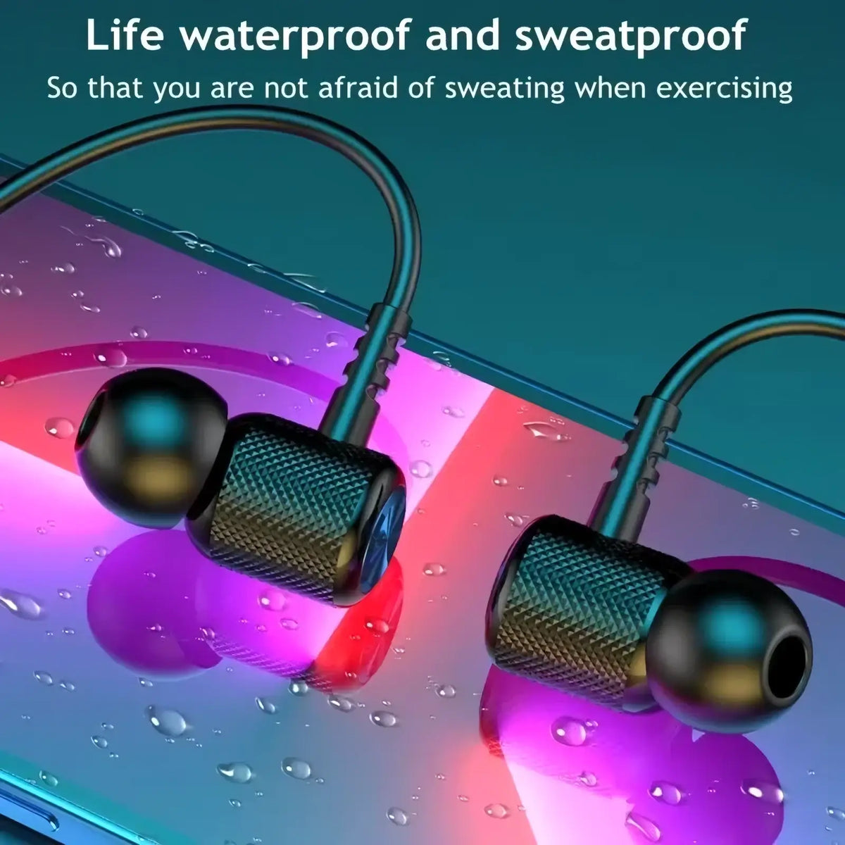 Black and blue textured wireless bluetooth neckband earphones with mic featuring a sleek sporty in-ear design