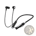 Black wireless bluetooth neckband earphones with mic featuring sleek minimalist design and silver accent buttons