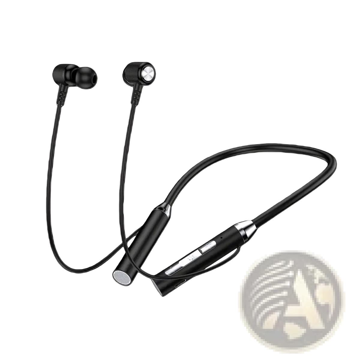 Black wireless bluetooth neckband earphones with mic featuring sleek minimalist design and silver accent buttons