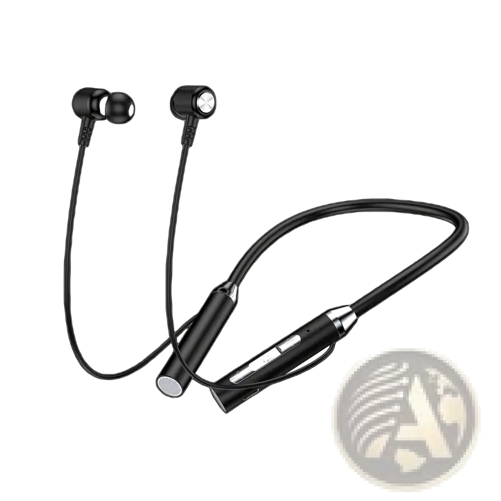 Black and silver wireless bluetooth neckband earphones with mic featuring sleek modern design and comfortable fit