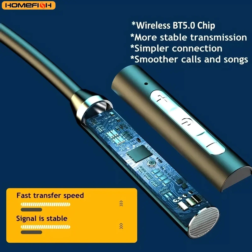 A sleek metallic silver wireless bluetooth neckband earphone with visible circuit board and microphone grille