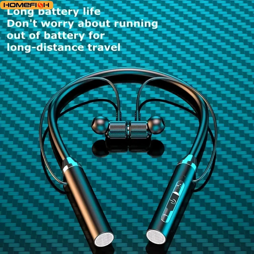 Wireless bluetooth neckband earphones with mic in black and teal with metallic accents and a sleek modern design