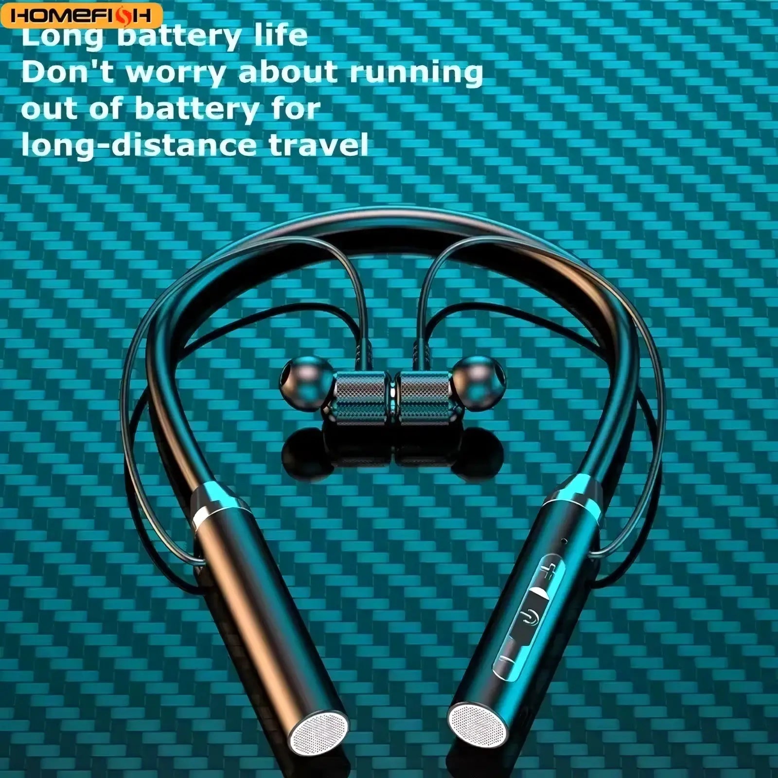 Wireless bluetooth neckband earphones with mic in black and teal with metallic accents and a sleek modern design