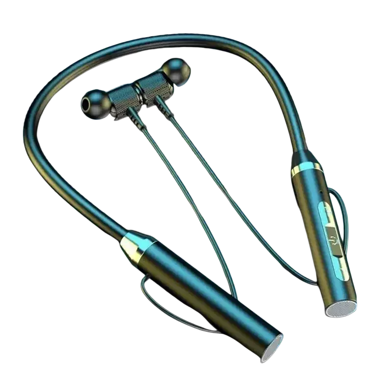Wireless Bluetooth neckband earphones with mic in black and teal with metallic accents and wireless connectivity