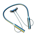 Blue and gold metallic wireless bluetooth neckband earphones with silver accents and built-in mic for hands-free use