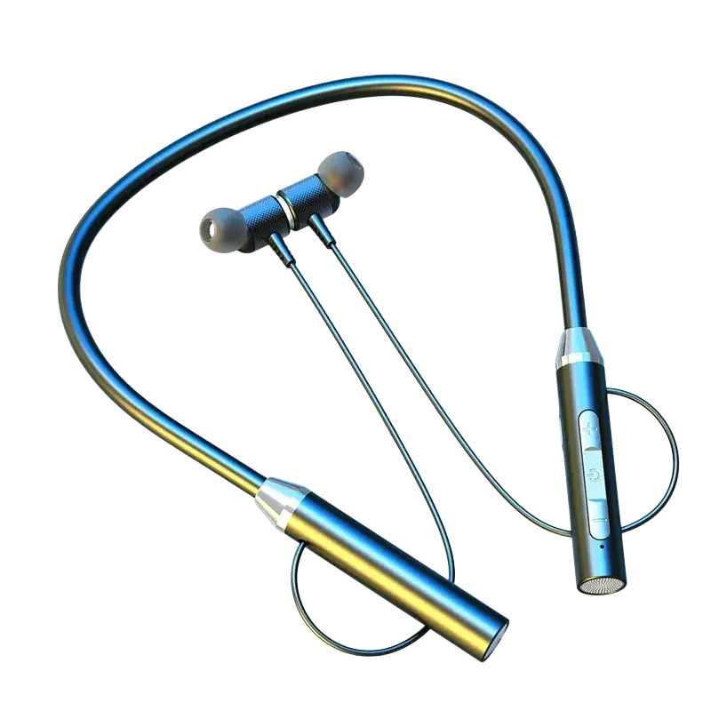 Blue and gold metallic wireless bluetooth neckband earphones with silver accents and built-in mic for hands-free use