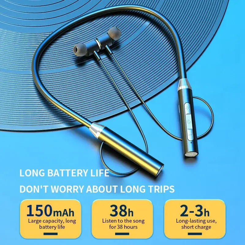 Silver and black wireless bluetooth neckband earphones with mic featuring a sleek curved design and comfortable fit