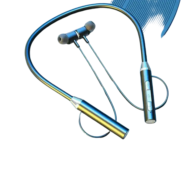 Silver and black wireless bluetooth neckband earphones with mic featuring a sleek metallic finish for hands free use
