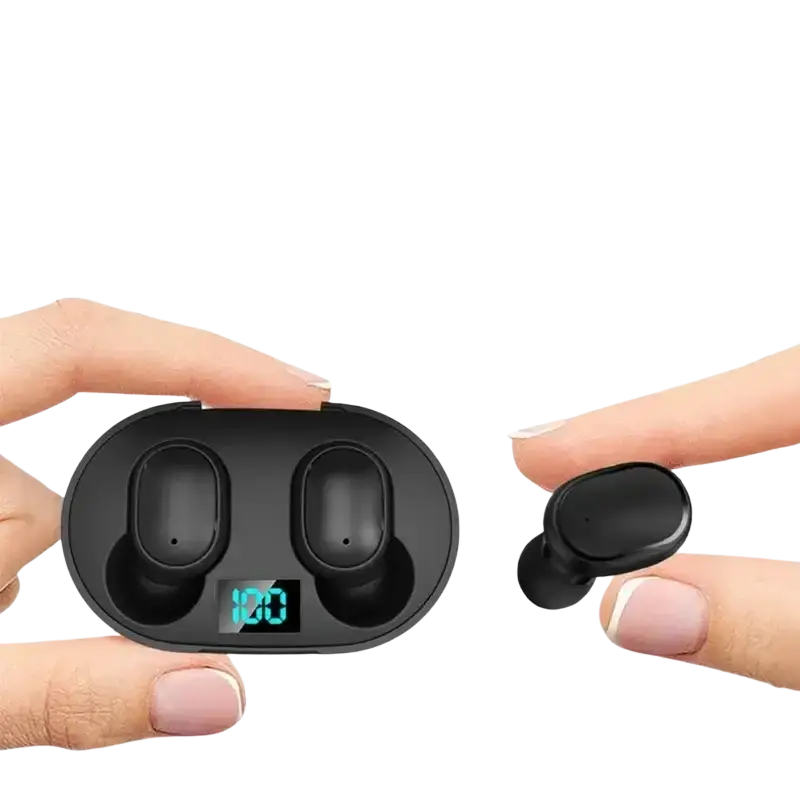 Black wireless bluetooth ear headphones with a sleek oval charging case and digital battery indicator display