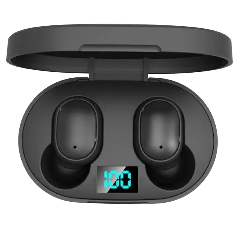 Black wireless bluetooth over ear headphones with wireless earbuds in a sleek charging case showing battery level 100