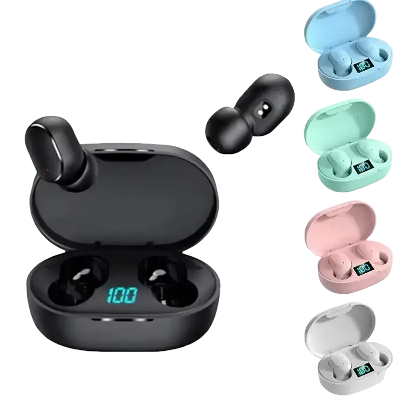 Black wireless bluetooth ear headphones with sleek oval charging case displaying 100% battery level