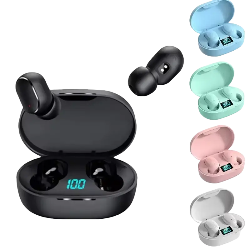 Black wireless Bluetooth over ear headphones with glossy finish and oval charging case displaying battery at 100 percent