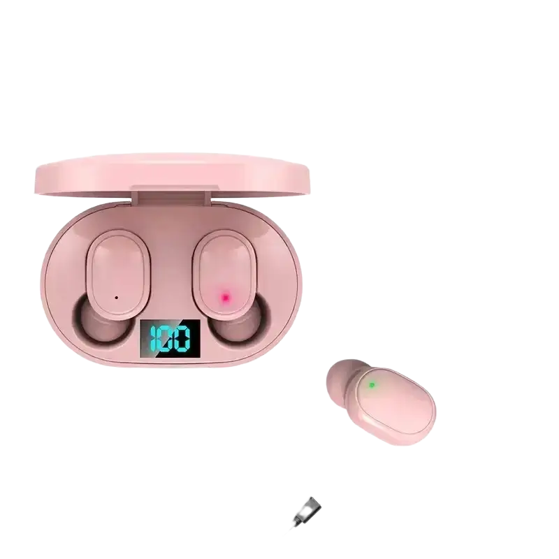 Pink e6s wireless bluetooth ear headphones with matching charging case and led display for convenient charging