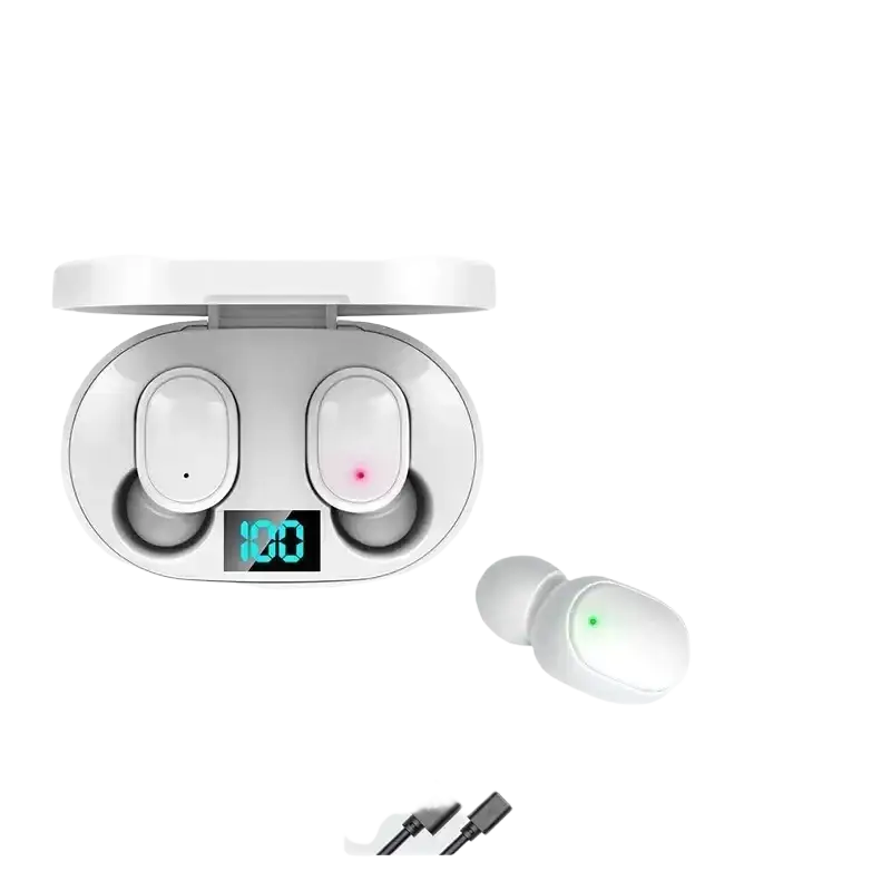 White e6s wireless bluetooth ear headphones with a sleek oval charging case featuring an led display in black