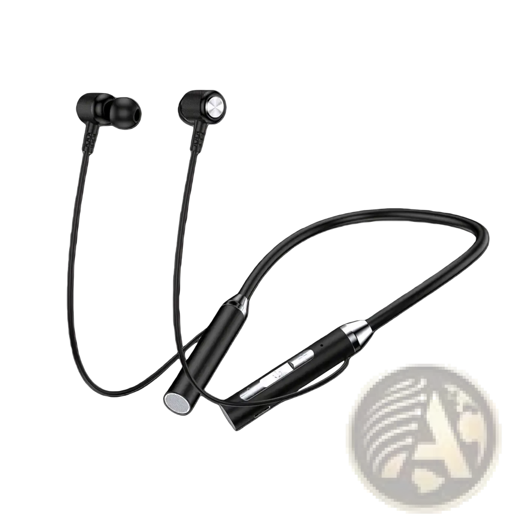 Black wireless bluetooth sport neckband earphones with sleek minimalist design and silver accent buttons