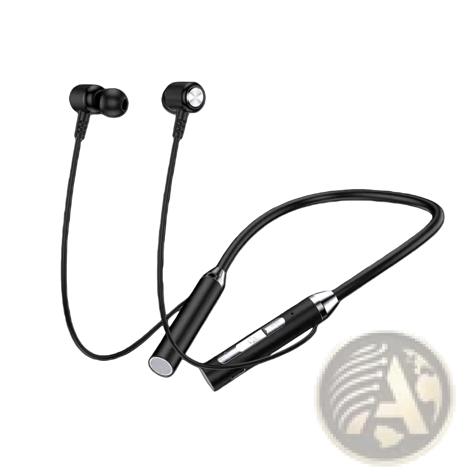Black wireless bluetooth sport neckband earphones with sleek minimalist design and silver accent buttons