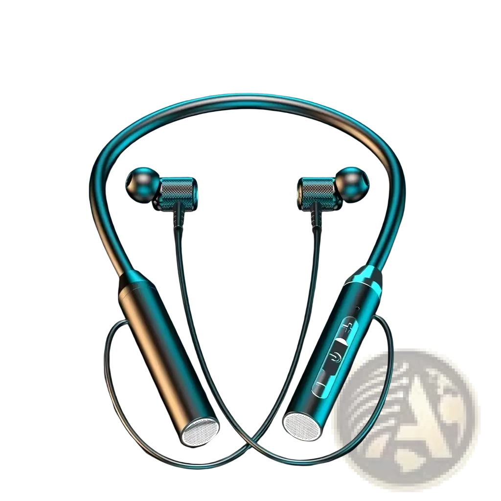 Teal and gold wireless bluetooth sport neckband earphones with a sleek metallic finish for active use