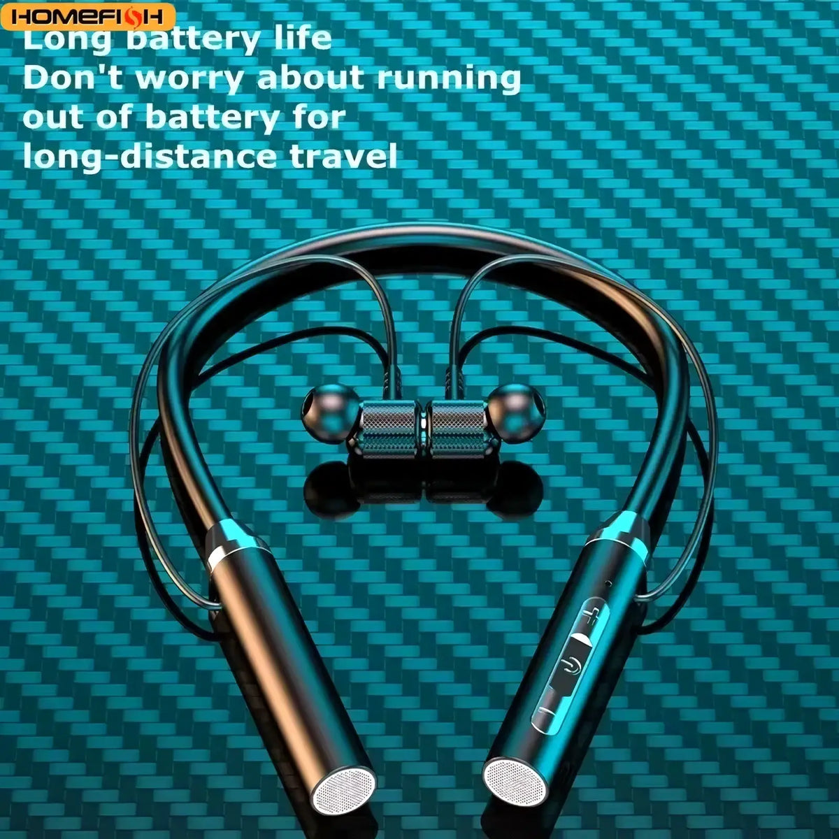 Wireless bluetooth sport neckband earphones in black and teal with metallic accents and a sleek modern design