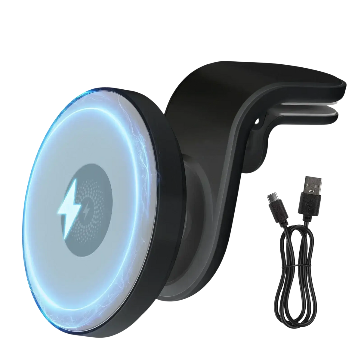 Black magnetic car wireless phone mount with fast charging blue glowing circular pad and lightning bolt symbol