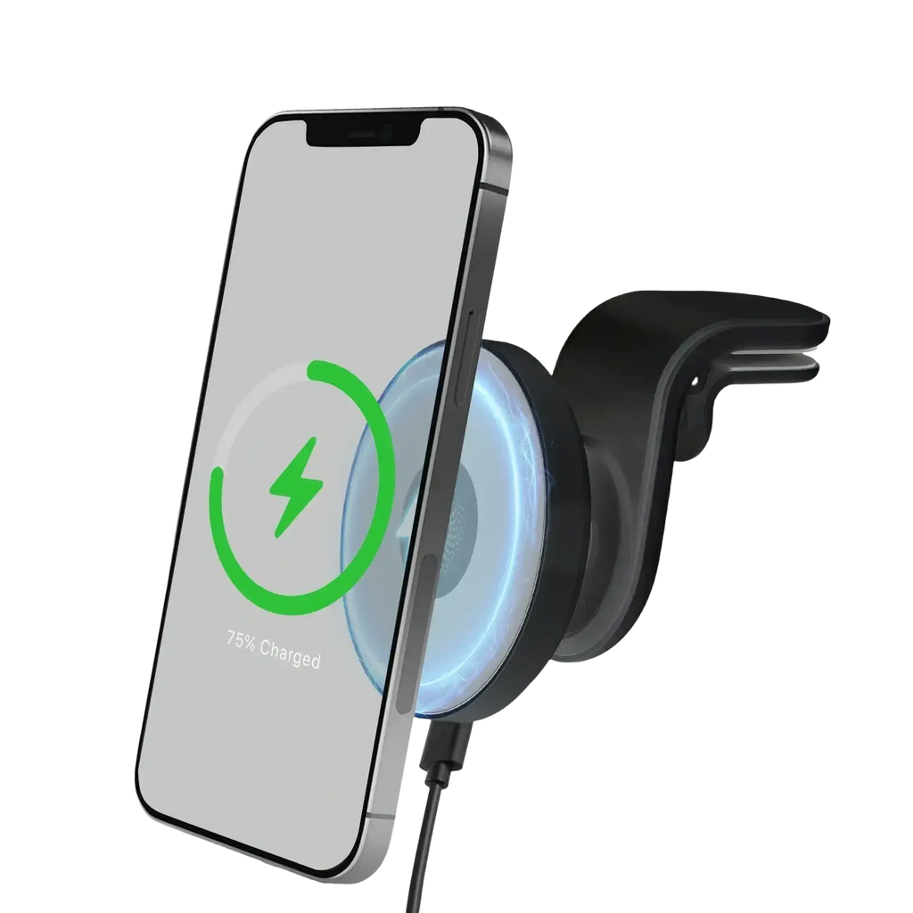 Black magnetic car wireless phone mount with fast charging 15w and glowing blue ring metal clamp design