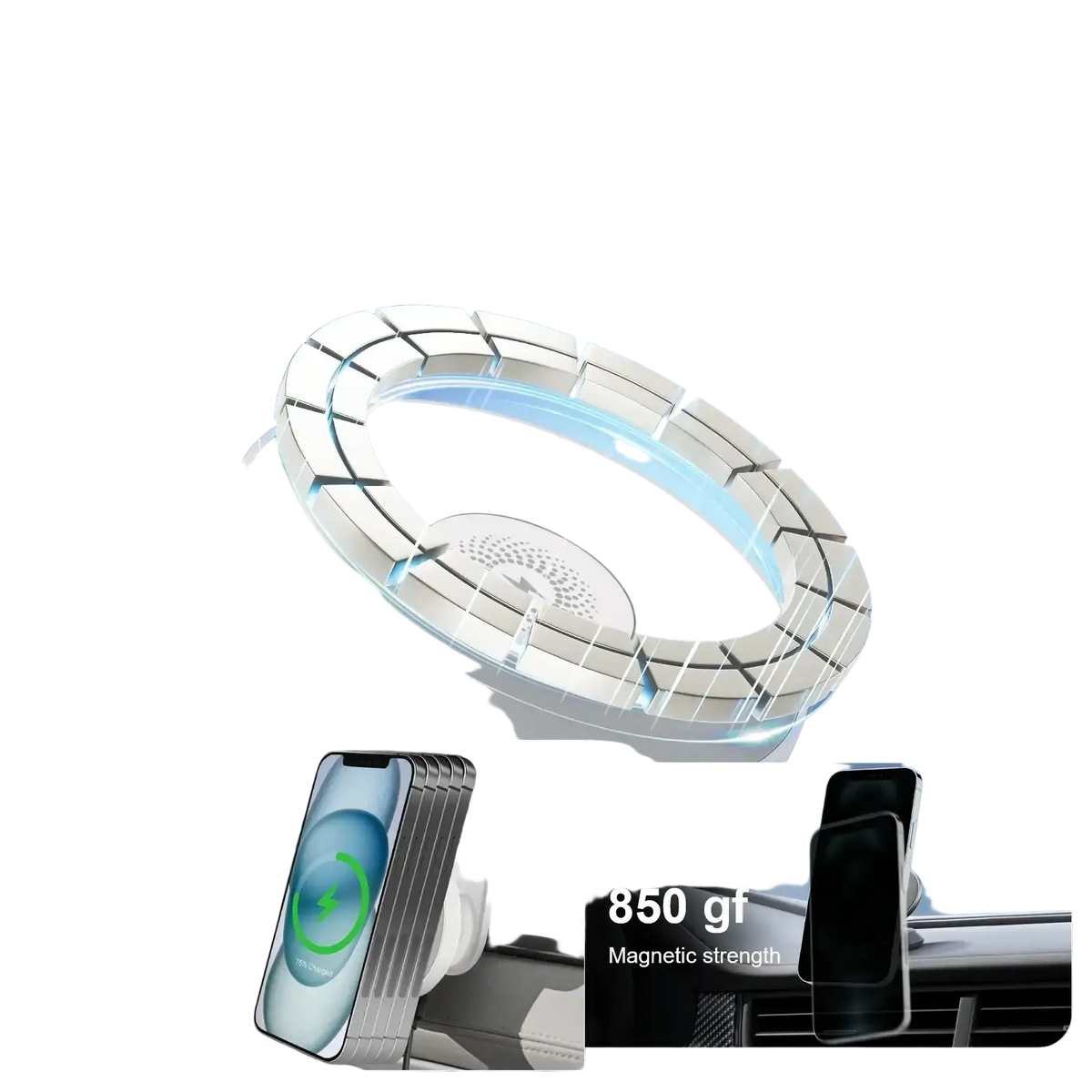 A sleek silver wireless car charger 15w phone mount with fast charging and blue light geometric design accents