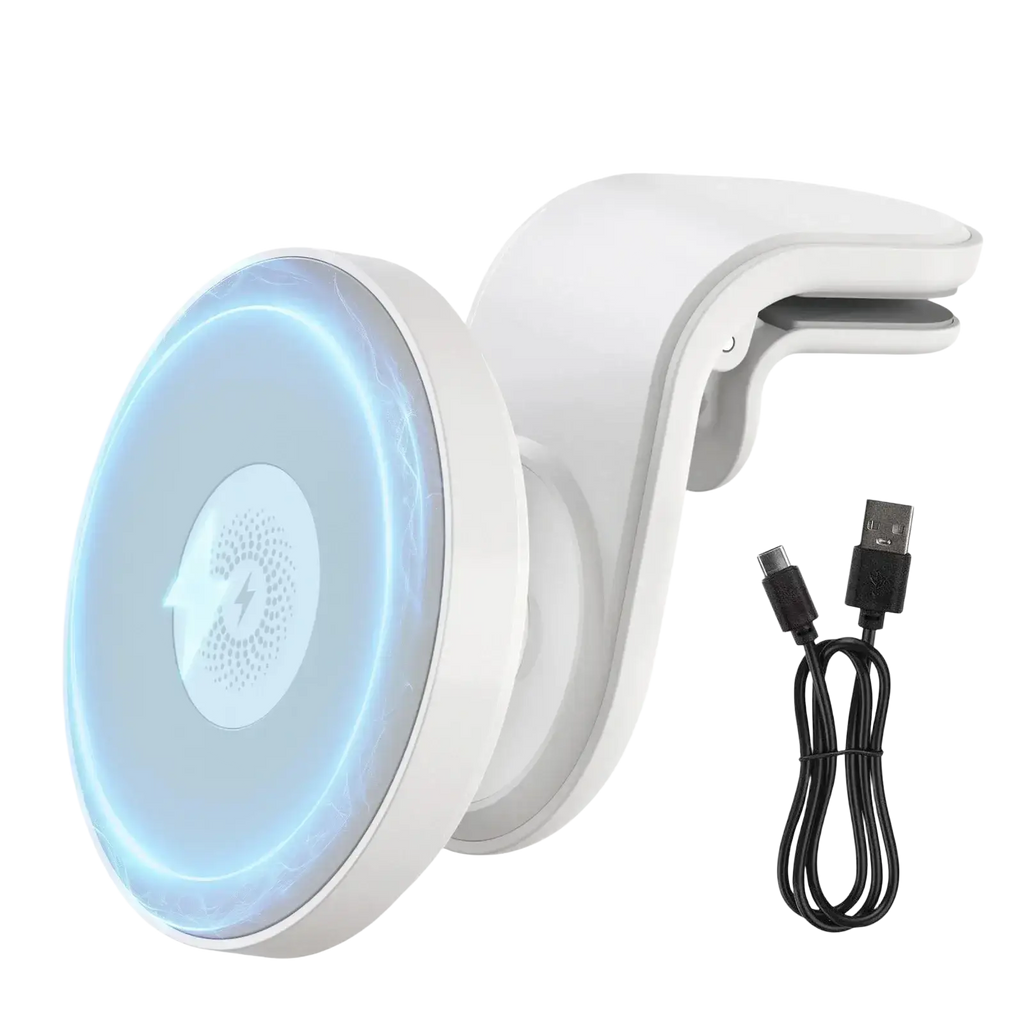 White wireless car charger 15w magnetic phone mount with sleek curved design and glowing blue fast charging pad