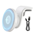 White wireless car charger 15w magnetic phone mount with sleek curved design and glowing blue fast charging pad