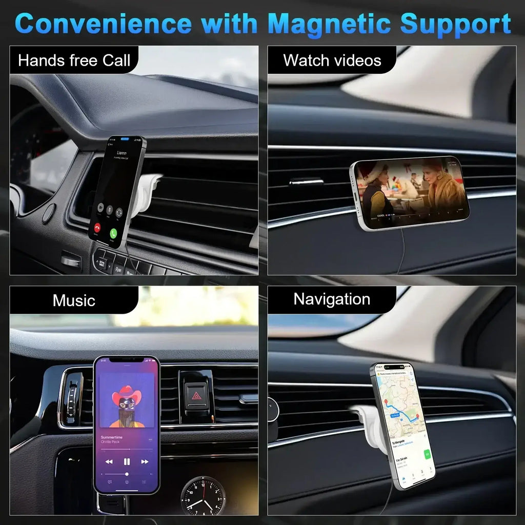White magnetic phone mount for car dashboard with 15w fast charging car wireless phone mount functionality
