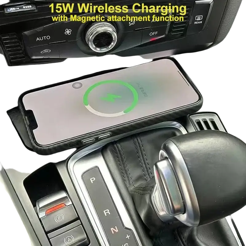 Black carbon fiber textured 15w wireless car charger with magnetic attachment for Audi Q5 A4l A5 use