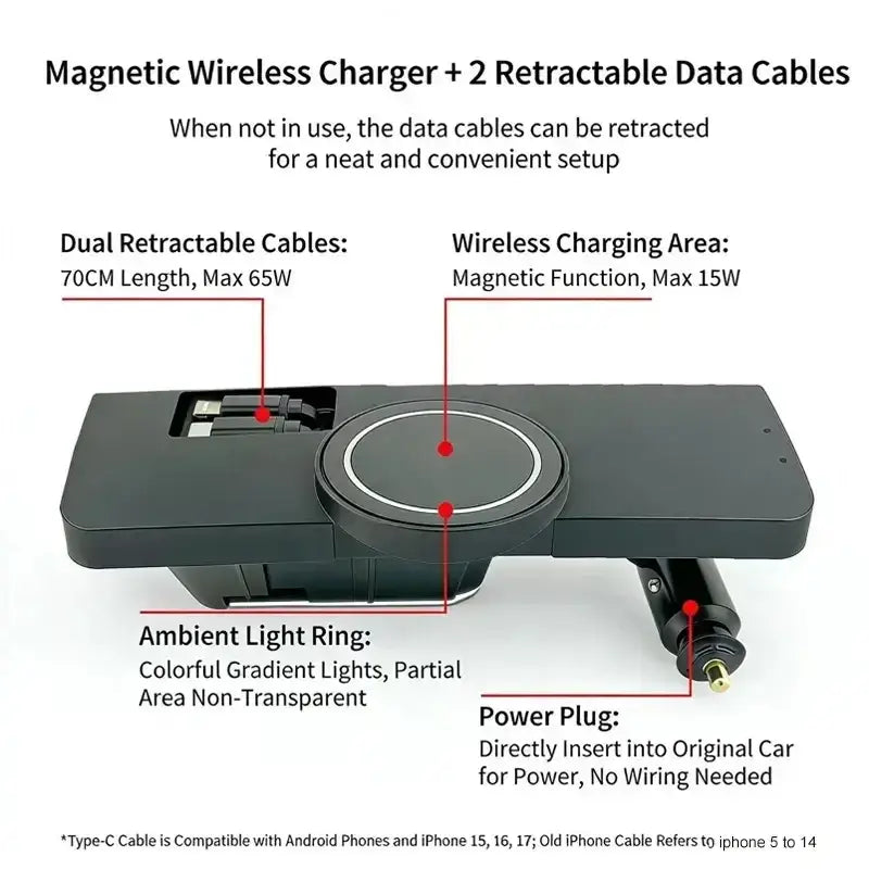 Black magnetic wireless car charger with dual retractable data cables and ambient light ring for audi q5 a4l use