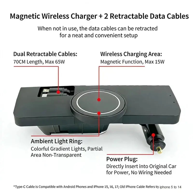 Black magnetic wireless car charger with dual retractable cables and ambient light ring for audi q5 a4l a5