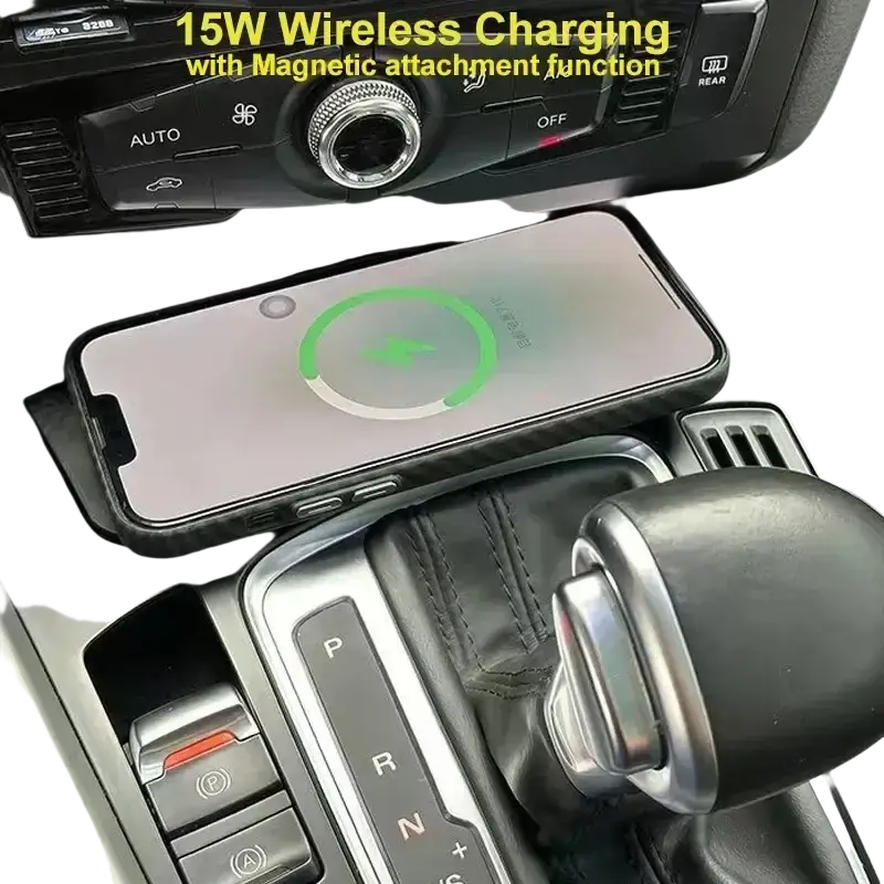 Black wireless car charger with magnetic attachment designed for audi q5 a4l center console use