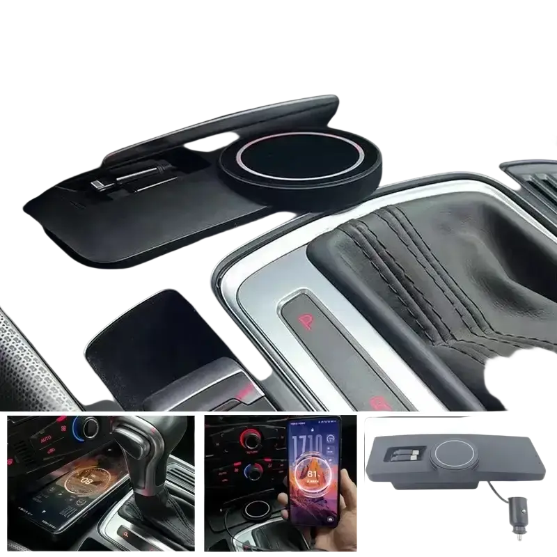 Black wireless car charger with circular pad and car adapter compatible with audi q5 a4l a5 and a4l models