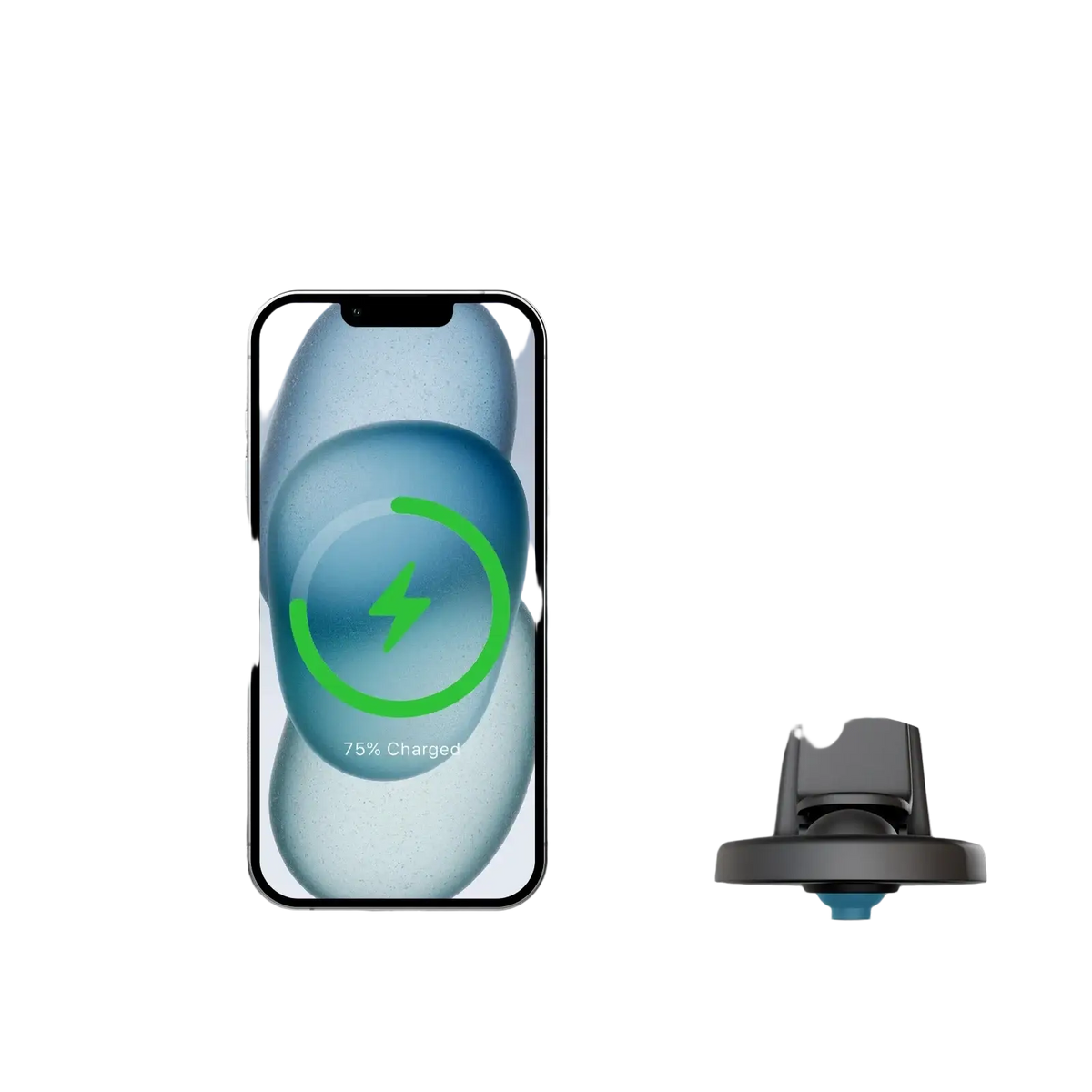 Black 360-degree rotating car phone mount with magnetic fast charging pad for car wireless chargers and fast charging use